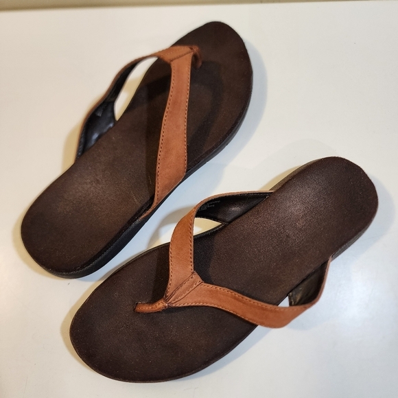 WOMEN'S Caramel Leather Upper Flat Cushioned Thong Sandals size 10 - Picture 13 of 14